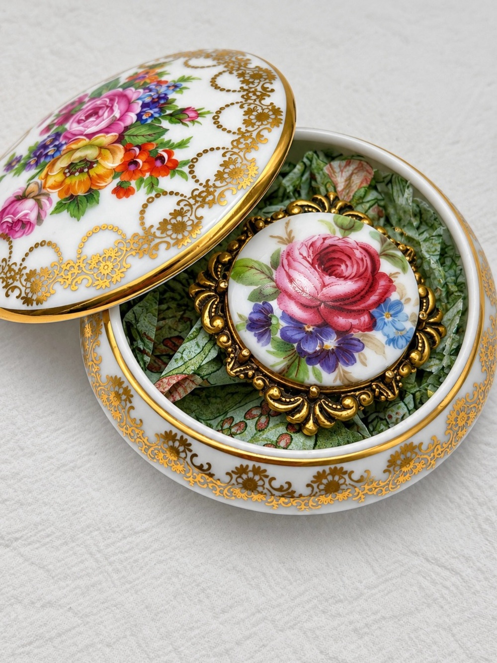 Vintage Limoges Floral Trinket Box and Brooch